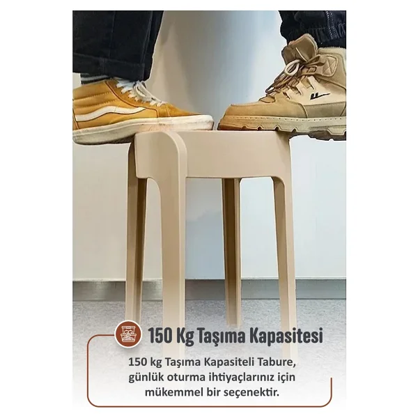 İronika Kaymaz Ayaklı Dekoratif İç İçe Geçebilen Plastik Tabure Mutfak Bahçe Taburesi 6 Adet Latte - Görsel 2