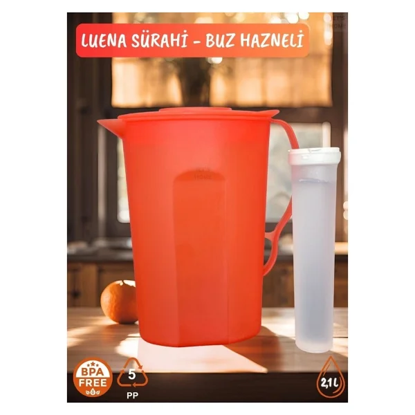 Luena Sürahi Pp-5 Kokusuz Sürahi Soğutuculu Turuncu Sürahi Bpa Free 2,1 L - Görsel 2