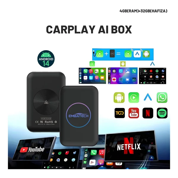 Embatech Carplay AI Box 4gb+32gb Youtube,Netflix,Google Play & Kablosuz Carplay&Android Auto- Android 14 - Görsel 6