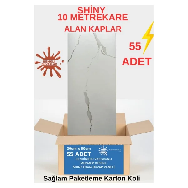 BS1763 Shiny 10M2 55 Adet 30X60CM Yapışkanlı Mermer Desenli Karavan Banyo Wc Duvar Kaplama Paneli - 30 x 60 cm