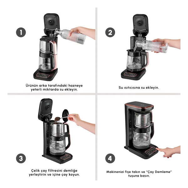 Karaca Çaysever Robotea Pro Quartz 4in1 2500 W Black Copper Konuşan Cam Demlikli Çay Makinesi - Görsel 7