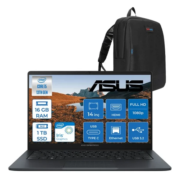 Asus Expertbook B1 B1403cva Intel Core I5-1334u 16gb DDR5 512gb SSD Intel Iris X Graphics 14" FHD LED 300nıts Freedos Taşınabilir Bilgisayar B1403cvaf01 + Zettaçanta - Görsel 7