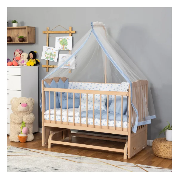 Bamgidoo Ahşap Organik Beşik Anne Yanı Beşik 3 Kademeli Lüx Bebek Beşiği 60 X 120 Cm - Krem Prens Uyku Setli & Soft Yataklı - Krem - Mavi - Görsel 9