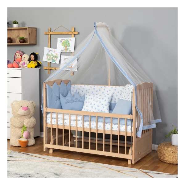 Bamgidoo Ahşap Organik Beşik Anne Yanı Beşik 3 Kademeli Lüx Bebek Beşiği 60 X 120 Cm - Mavi Prens Uyku Setli & Soft Yataklı - Görsel 3