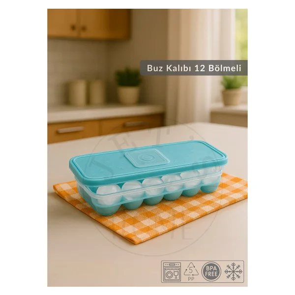 12 Bölmeli Buz Kalıbı Esnek Silikon Buz Küpü Bpa Free Kare Bas Parmak Buzluk Çapı 3,5 Cm Mavi - Görsel 2