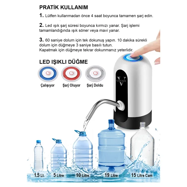 Vayomy Otomatik Şarjlı Damacana Su Pompası 1200 mAh Bataryalı Beyaz (Bpa Içermez ,Ce Belgelidir) - Görsel 5