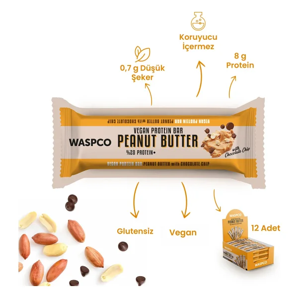 Waspco Fıstık Ezmeli Ve Çikolata Parçacıklı 40 Gr 12 Adet Vegan Protein Bar - Görsel 2