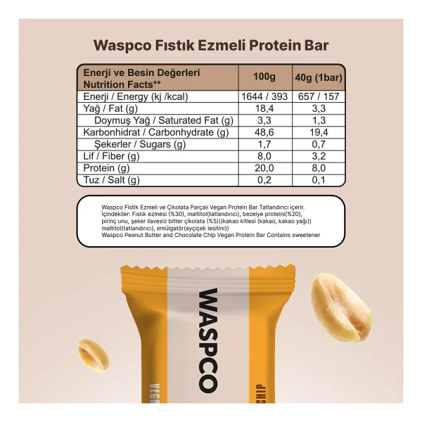 Waspco Fıstık Ezmeli Ve Çikolata Parçacıklı 40 Gr 12 Adet Vegan Protein Bar - Görsel 6