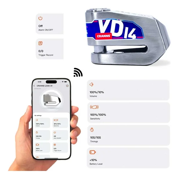 Cranns Vd14 Alarmlı Motosiklet Disk Kilidi Bluetoothlu - Görsel 5