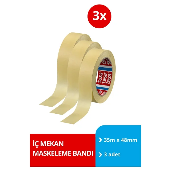 Tesa İç Mekan Maskeleme Bandı, Boya Bandı, Kağıt Bant, Krem, 35m X 48mm, 3'lü Set - Görsel 5