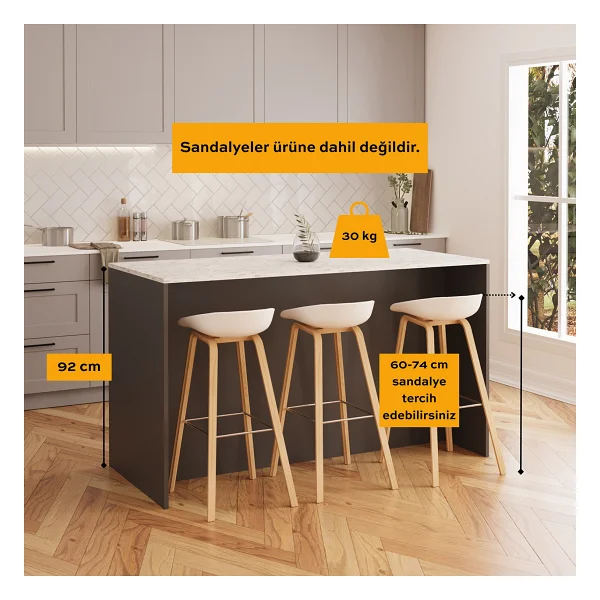 Bimossa Gustav L4730 Mutfak Adası 160 Cm - Carrara Mermer Antrasit, Şaraplık, Bar Masası, Çok Amaçlı Depolamalı Dolap - Mermer - Gri - 160x92x68 - Görsel 4