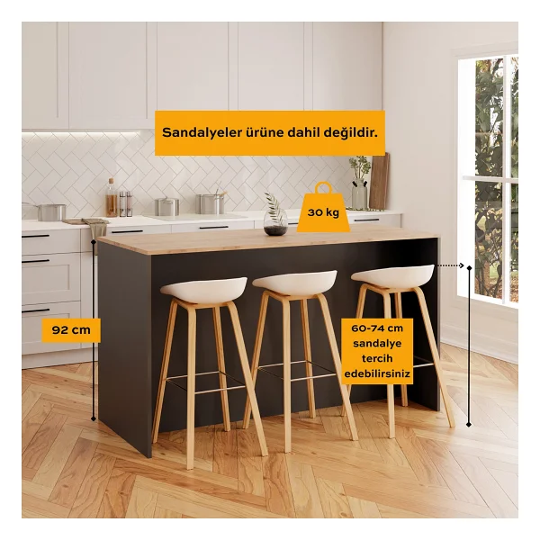 Bimossa Gustav L4720 Mutfak Adası 160 Cm - Antrasit Ahşap Üst Bar Masası, Çok Amaçlı, Depolamalı Açık Raflı Dolap - Antrasit - Ceviz - 160x92x68 - Görsel 4