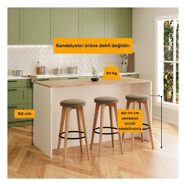 Bimossa Gustav L4710 Mutfak Adası 160 Cm - Beyaz Ahşap Üst, Şaraplık, Bar Masası Çok Amaçlı Depolamalı Dolap - Meşe - Beyaz - 160x92x68 - Görsel 4
