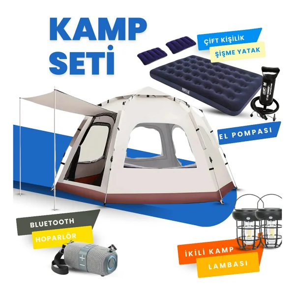 Yussraw 4-8 Kişi 6 Gen Kamp Çadırı Seti Taşınabilir Otomatik 280x280x158 +Lamba+Yatak+Yastık+Pompa+Hoparlö - Görsel 6