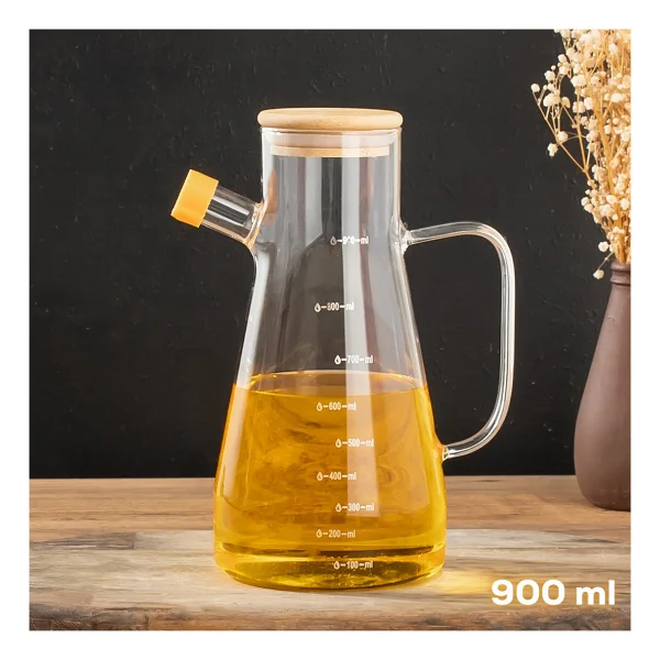 Porsima Lm-0034 Olivia Bambu Kapaklı Borosilikat Ölçekli Cam Yağlık Silikon Tabanlı Dereceli Yağdanlık 900 Ml - Görsel 4