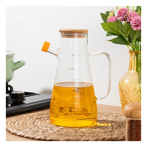 Porsima Lm-0034 Olivia Bambu Kapaklı Borosilikat Ölçekli Cam Yağlık Silikon Tabanlı Dereceli Yağdanlık 900 Ml - Görsel 3