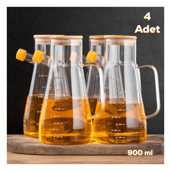 Porsima 4'lü Olivia Bambu Kapaklı Borosilikat Ölçekli Cam Yağlık-Yağdanlık 900 Ml - Görsel 2