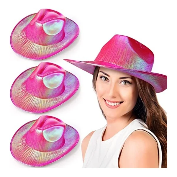 Neon Hologramli Kovboy Model Parti Sapkasi Fusya Yetiskin 39x36x14 Cm - Görsel 3
