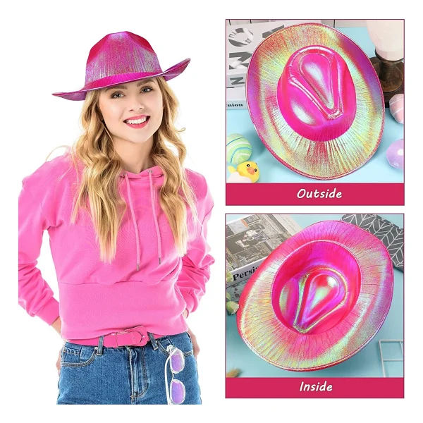 Neon Hologramli Kovboy Model Parti Sapkasi Fusya Yetiskin 39x36x14 Cm - Görsel 4