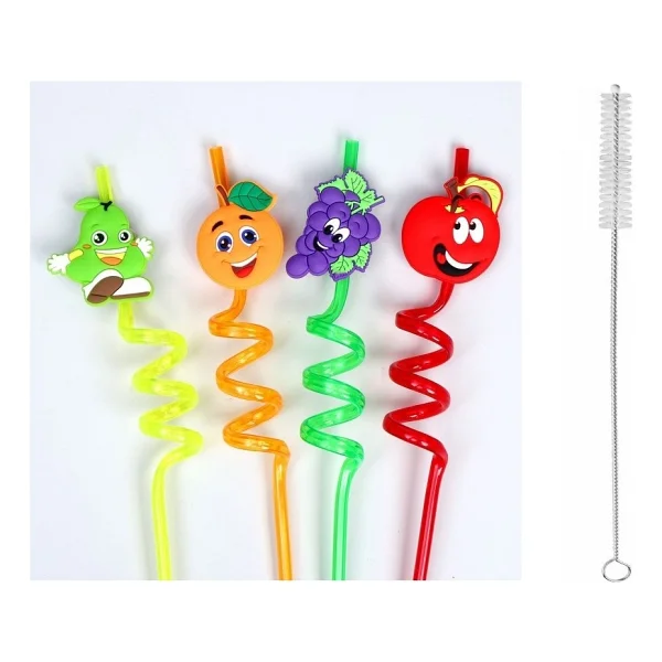 Melekstore 5 Parça Renkli Pipet Seti - Emojili Spiral Kokteyl- Çocuk Pipeti Temizleme Fırçalı - Görsel 2