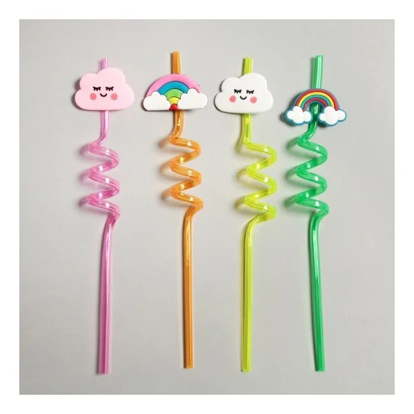 Melekstore 5 Parça Renkli Pipet Seti - Emojili Spiral Kokteyl- Çocuk Pipeti Temizleme Fırçalı - Görsel 3