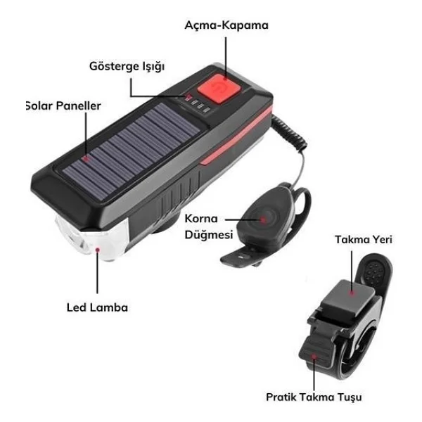 Solar Enerjili USB İle Şarj Edilebilir Ledli Bisiklet Feneri Kornalı Ve Su Geçirmez Far - Görsel 2