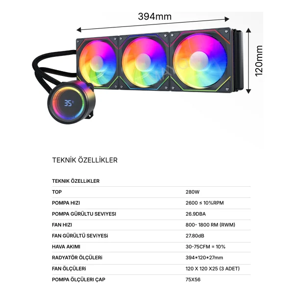 Gametech Hydra Ahd360mm Argb 360 Mm Siyah İşlemci Sıvı Soğutucu - Görsel 4