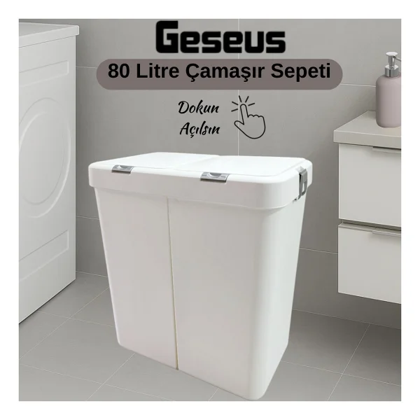 Gümüş Ikili Dokunmatik Çamaşır Sepeti Çöp Kovası Temizlik Kovası Kirli Sepet 80 Litre-Mt009 - Görsel 7