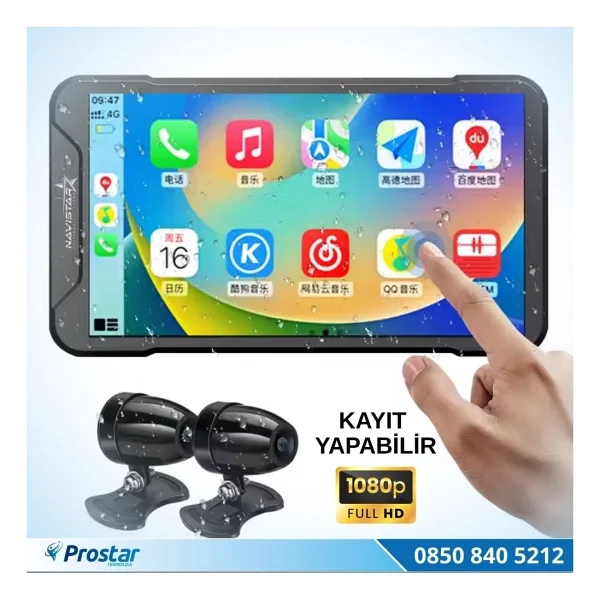 5 Inç Carplay Motosiklet Kamera Seti 2k 1440p 2 Kameralı Wi-Fi Bluetooth Lastik Basınç Göstergeli - Görsel 2