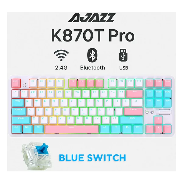 Ajazz K870t Pro Beyaz RGB Tkl Blue Switch Kablolu/Kablosuz Mekanik Oyuncu Klavyesi - Görsel 2