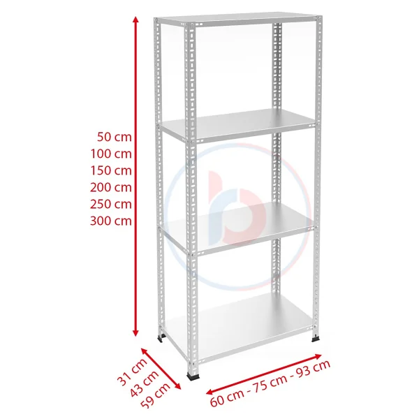 Rafburada 4 Katlı Galvaniz Çelik Raf - Depo, Arşiv, Kiler, Dosya, Market Rafı - 43x60 Cm-200 Cm-0.70 Mm - 43 X 60 X 200-0,70 Mm - Görsel 2
