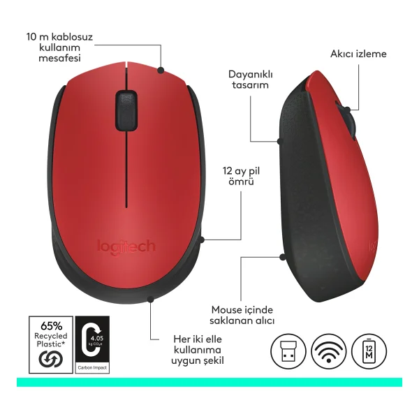 Logitech M171 910-004641 Kırmızı Optik Kablosuz Mouse - Görsel 10