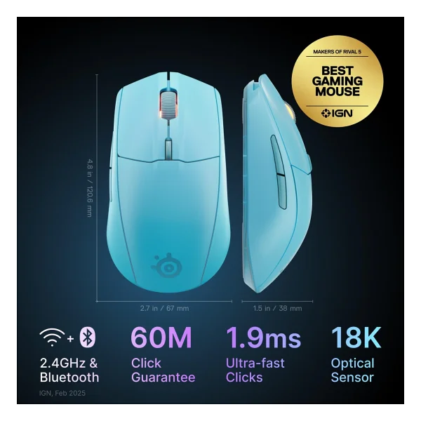 Steelseries Rival 3 Gen 2 Mavi RGB Optik Kablosuz Oyuncu Mouse - Görsel 3