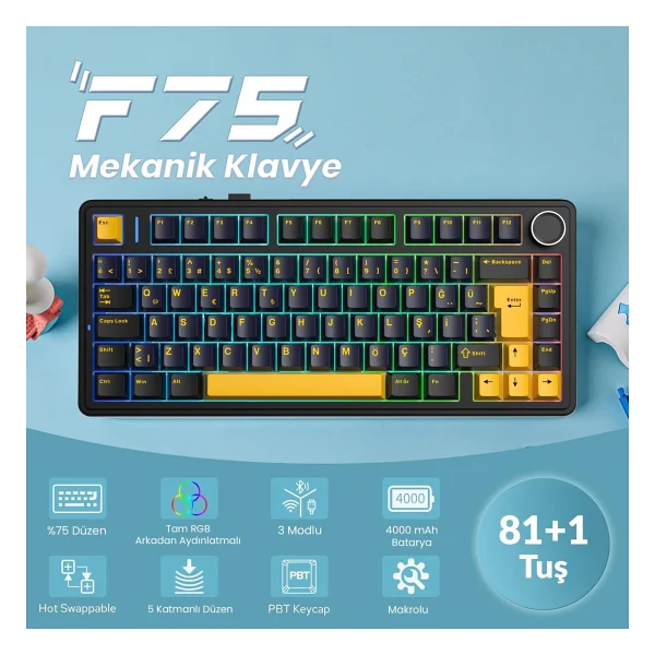 Aula F75 Mekanik RGB Tkl Hot Swap Graywood V4 Switch Kablosuz Makrolu Türkçe Q Klavye Siyah - Görsel 4