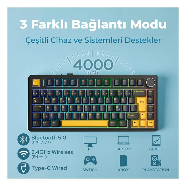 Aula F75 Mekanik RGB Tkl Hot Swap Graywood V4 Switch Kablosuz Makrolu Türkçe Q Klavye Siyah - Görsel 5