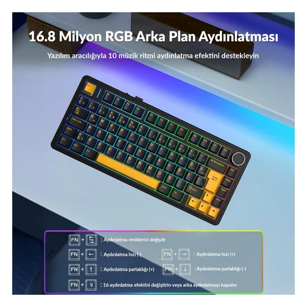 Aula F75 Mekanik RGB Tkl Hot Swap Graywood V4 Switch Kablosuz Makrolu Türkçe Q Klavye Siyah - Görsel 6