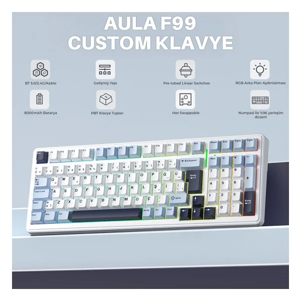 Aula F99 Lacivert RGB Graywood V3 Switch Kablolu/Kablosuz Mekanik Oyuncu Klavyesi - Görsel 10