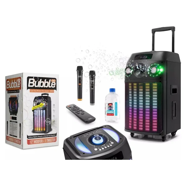 Subzero Wr173 12" 100w 2 Kablosuz Mikrofonlu Kumandalı Baloncuk Çıkartan RGB Bluetooth/USB/Sd Müzik Kutusu - Siyah - Görsel 2