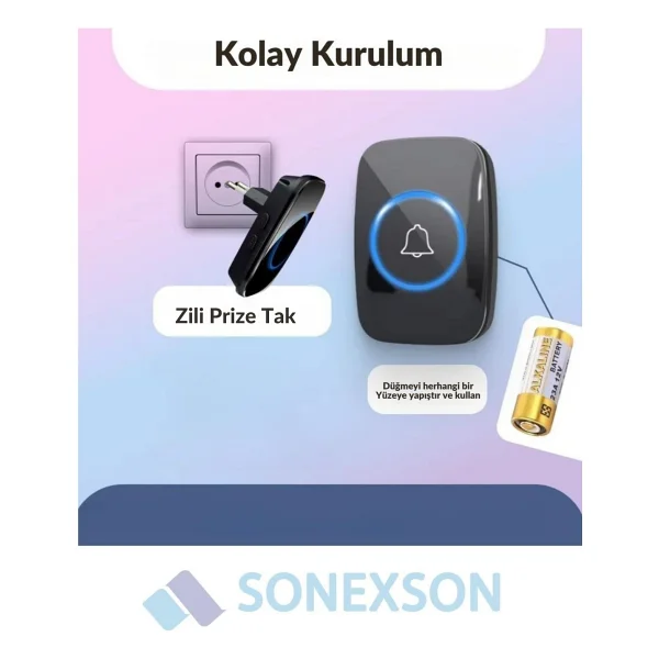 Sonex Su Geçirmez Kablosuz Uzaktan Kumandalı LED Işıklı Kapı Zili, 5 Ses Seviyesi, Ev-Ofis-Işyeri Için - Görsel 2