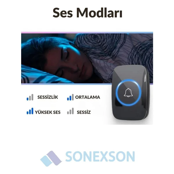Sonex Su Geçirmez Kablosuz Uzaktan Kumandalı LED Işıklı Kapı Zili, 5 Ses Seviyesi, Ev-Ofis-Işyeri Için - Görsel 3