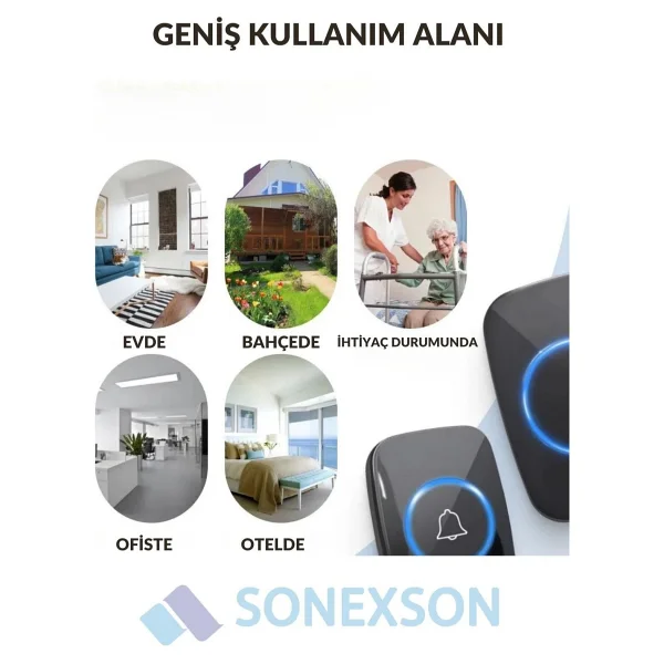 Sonex Su Geçirmez Kablosuz Uzaktan Kumandalı LED Işıklı Kapı Zili, 5 Ses Seviyesi, Ev-Ofis-Işyeri Için - Görsel 4