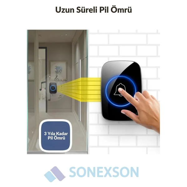 Sonex Su Geçirmez Kablosuz Uzaktan Kumandalı LED Işıklı Kapı Zili, 5 Ses Seviyesi, Ev-Ofis-Işyeri Için - Görsel 5
