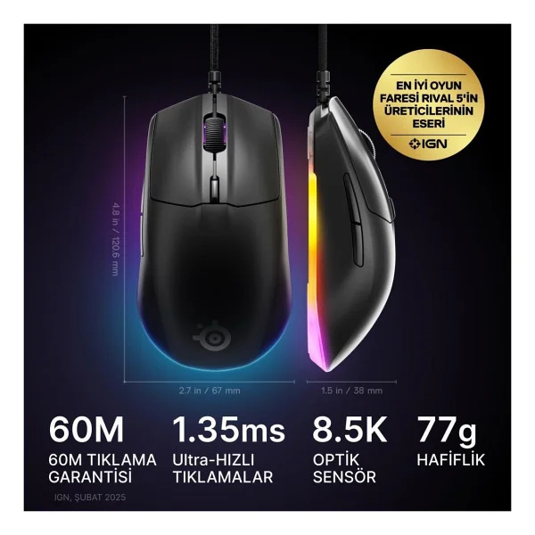 Steelseries Rival 3 Gen 2 Siyah RGB Optik Kablolu Oyuncu Mouse - Görsel 5