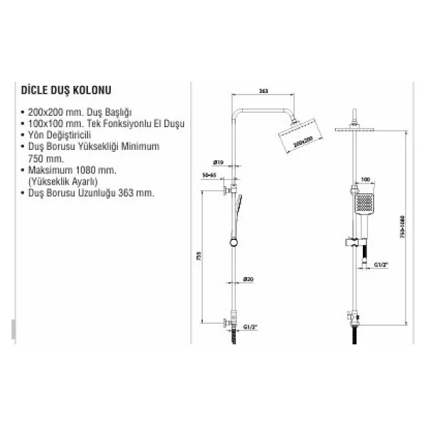 AR Dicle 102158045 Kare Tepe Duş Seti - Görsel 2