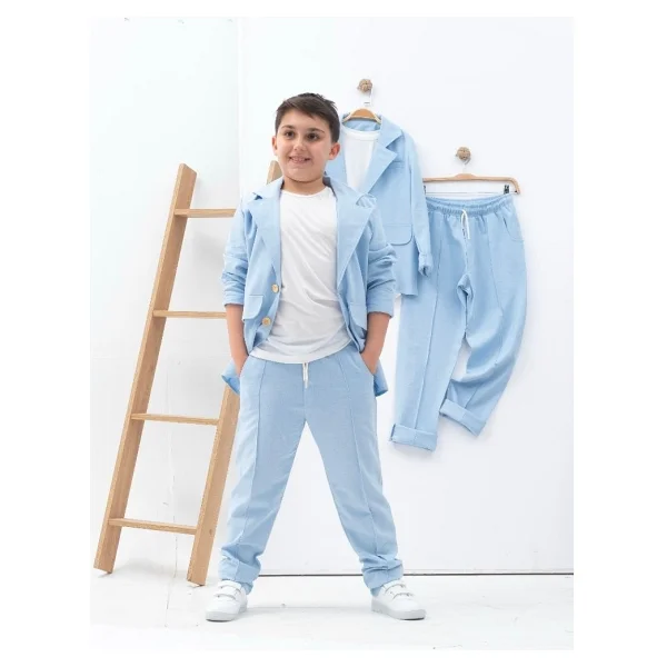 Zelhan Kids Erkek Çocuk Keten Takım Elbise - Bebe Mavi - 8 - 9 Yaş - Görsel 5