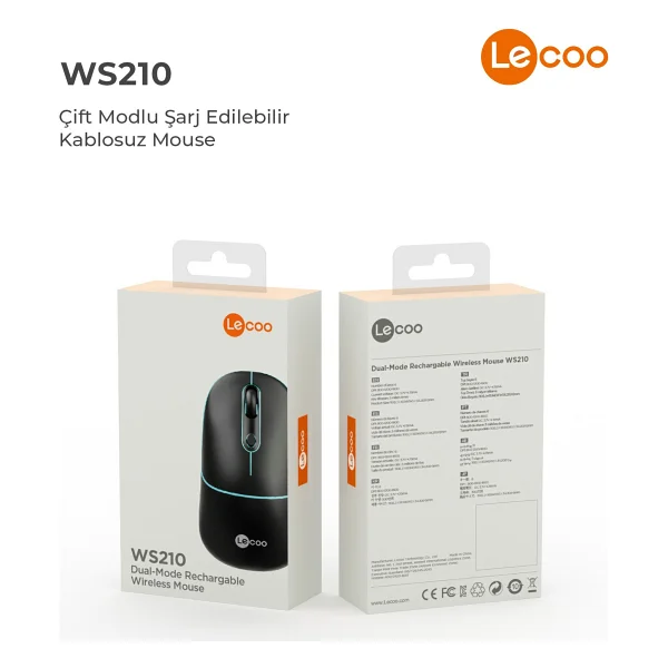 Lenovo Lecoo Ws210 Siyah RGB Şarjlı Sessiz Ergonomik Optik Kablosuz Mouse - Görsel 8