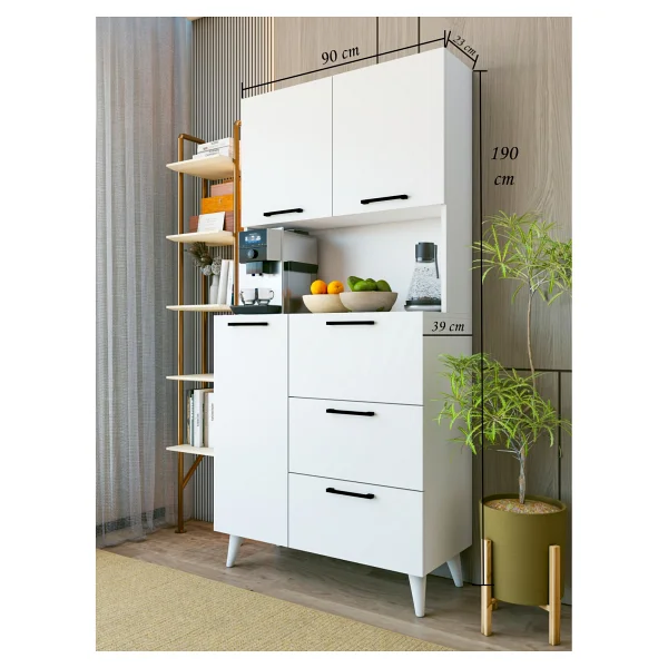 Montenero Parlak Beyaz Kahve Köşesi Dolabı 6 Kapaklı Fırın Raflı Mutfak Dolabı 90x190 Cm - Görsel 2