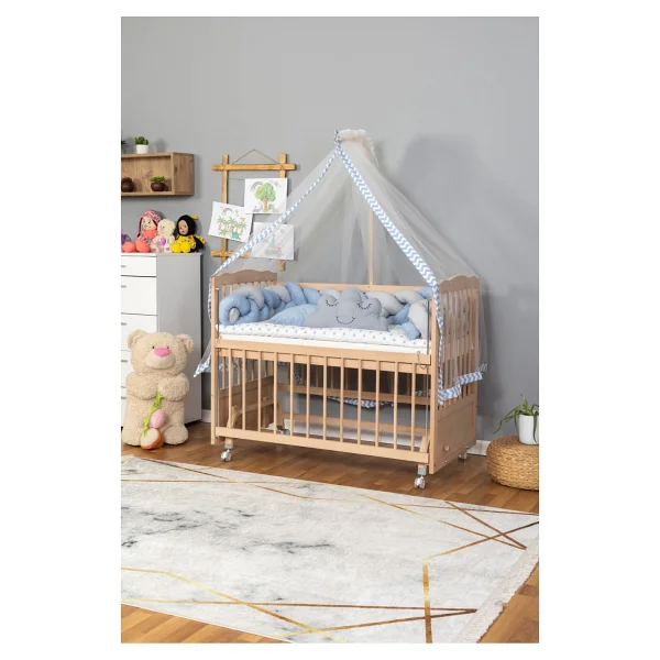 Bamgidoo Ahşap Beşik Anne Yanı Beşik Organik 60x120 - Sarı Mavi Örgü Uyku Seti Seti + Yatak + Tekerlekli - Naturel - Krem - Görsel 8