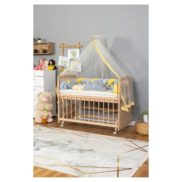 Bamgidoo Ahşap Beşik Anne Yanı Beşik Organik 60x120 - Sarı Mavi Örgü Uyku Seti Seti + Yatak + Tekerlekli - Naturel - Krem - Görsel 6