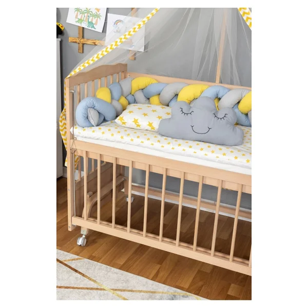 Bamgidoo Ahşap Beşik Anne Yanı Beşik Organik 60x120 - Sarı Mavi Örgü Uyku Seti Seti + Yatak + Tekerlekli - Naturel - Krem - Görsel 3